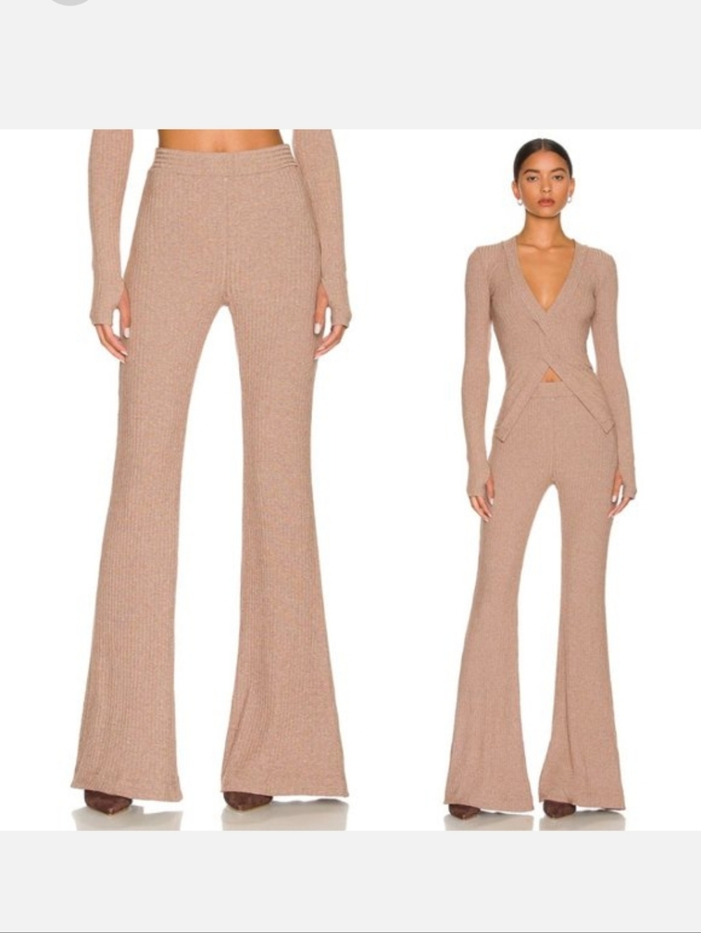 Alix NYC Ribbed Tan Flare Stretch Pant Size Small